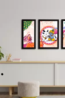 eCraftIndia Set of 3 Lord Krishna Satin Matt Texture UV Art Painting