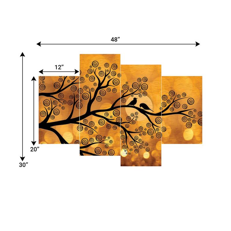 eCraftIndia Set of 4 Birds Couple Sitting on Tree Branch Premium Sunboard Panels Painting