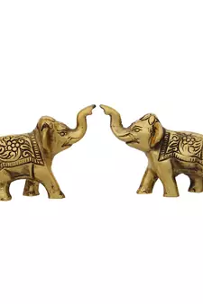 eCraftIndia Set of 2 Golden Elephants Metal Animal Figurine Decorative Showpiece