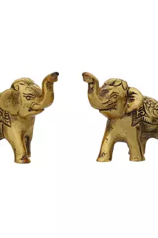 eCraftIndia Set of 2 Golden Elephants Metal Animal Figurine Decorative Showpiece