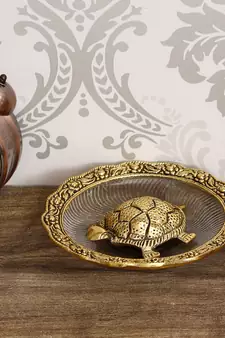 eCraftIndia Golden Tortoise Feng Shui Metal and Crystal Showpiece