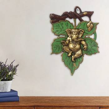 eCraftIndia Dancing Golden Lord Ganesha  on Green Leaf Metal Wall Hanging 2