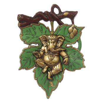 eCraftIndia Dancing Golden Lord Ganesha  on Green Leaf Metal Wall Hanging 3