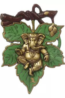 eCraftIndia Dancing Golden Lord Ganesha  on Green Leaf Metal Wall Hanging