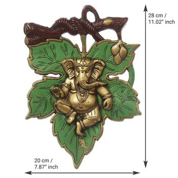 eCraftIndia Dancing Golden Lord Ganesha  on Green Leaf Metal Wall Hanging 4