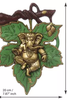 eCraftIndia Dancing Golden Lord Ganesha  on Green Leaf Metal Wall Hanging