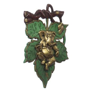 eCraftIndia Dancing Golden Lord Ganesha  on Green Leaf Metal Wall Hanging 5