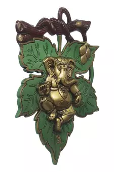 eCraftIndia Dancing Golden Lord Ganesha  on Green Leaf Metal Wall Hanging
