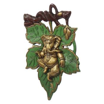 eCraftIndia Dancing Golden Lord Ganesha  on Green Leaf Metal Wall Hanging 6