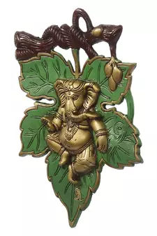 eCraftIndia Dancing Golden Lord Ganesha  on Green Leaf Metal Wall Hanging