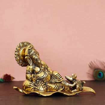 eCraftIndia Golden Resting Ganesha With Mushak Metal Decorative Showpiece 1