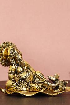 eCraftIndia Golden Resting Ganesha With Mushak Metal Decorative Showpiece