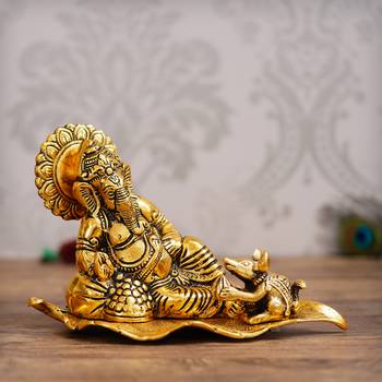 eCraftIndia Golden Resting Ganesha With Mushak Metal Decorative Showpiece 2