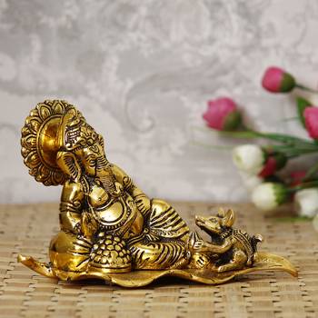 eCraftIndia Golden Resting Ganesha With Mushak Metal Decorative Showpiece 3