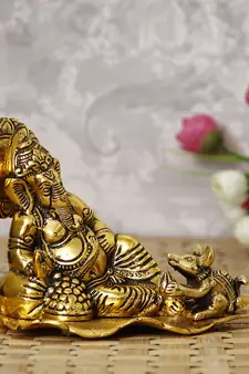 eCraftIndia Golden Resting Ganesha With Mushak Metal Decorative Showpiece