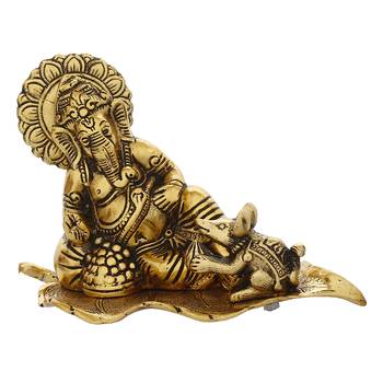 eCraftIndia Golden Resting Ganesha With Mushak Metal Decorative Showpiece 4