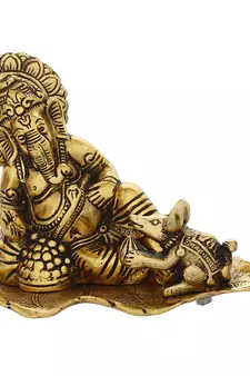 eCraftIndia Golden Resting Ganesha With Mushak Metal Decorative Showpiece