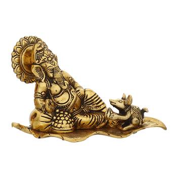 eCraftIndia Golden Resting Ganesha With Mushak Metal Decorative Showpiece 6