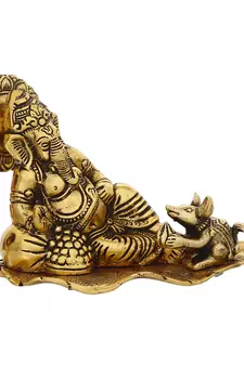 eCraftIndia Golden Resting Ganesha With Mushak Metal Decorative Showpiece