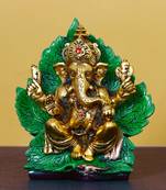 eCraftIndia Golden Sitting Lord Ganesha on Green Throne Metal Decorative Showpiece