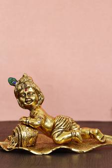 eCraftIndia Golden Lord Krishna Idol Metal Decorative Showpiece