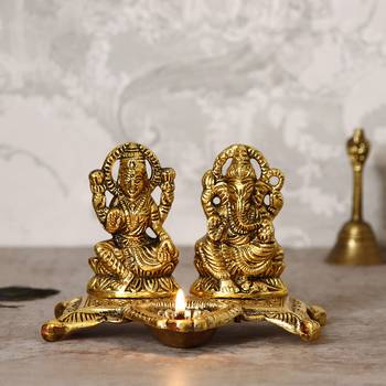 EcraftIndia Laxmi and Ganesha Brass Showpiece     Golden Finish, Decorative with Diya, 16 Inches 1