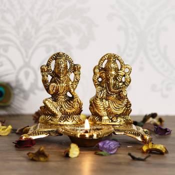 EcraftIndia Laxmi and Ganesha Brass Showpiece     Golden Finish, Decorative with Diya, 16 Inches 2