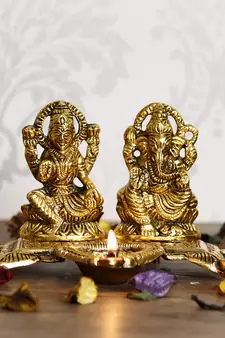 EcraftIndia Laxmi and Ganesha Brass Showpiece     Golden Finish, Decorative with Diya, 16 Inches