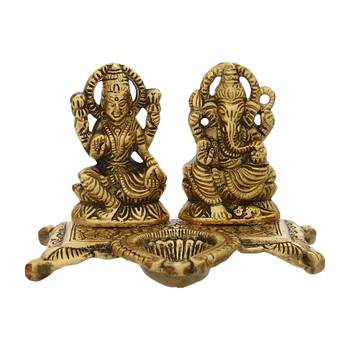 EcraftIndia Laxmi and Ganesha Brass Showpiece     Golden Finish, Decorative with Diya, 16 Inches 3