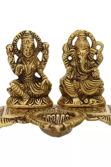 EcraftIndia Laxmi and Ganesha Brass Showpiece     Golden Finish, Decorative with Diya, 16 Inches