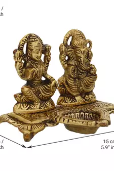 EcraftIndia Laxmi and Ganesha Brass Showpiece     Golden Finish, Decorative with Diya, 16 Inches