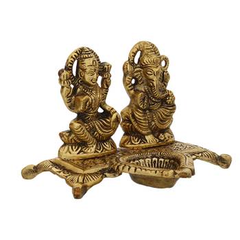 EcraftIndia Laxmi and Ganesha Brass Showpiece     Golden Finish, Decorative with Diya, 16 Inches 5