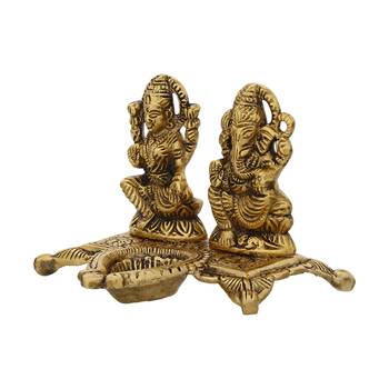 EcraftIndia Laxmi and Ganesha Brass Showpiece     Golden Finish, Decorative with Diya, 16 Inches 6
