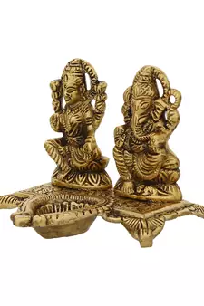 EcraftIndia Laxmi and Ganesha Brass Showpiece     Golden Finish, Decorative with Diya, 16 Inches
