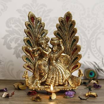 eCraftIndia Golden Radha Krishna Idol Metal Decorative Showpiece with Diya 1
