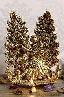 eCraftIndia Golden Radha Krishna Idol Metal Decorative Showpiece with Diya