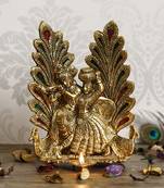 eCraftIndia Golden Radha Krishna Idol Metal Decorative Showpiece with Diya