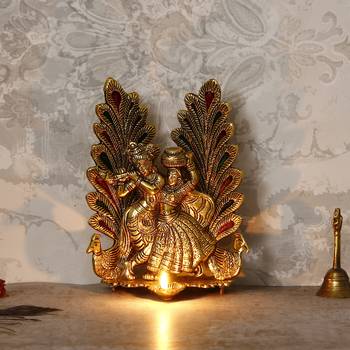 eCraftIndia Golden Radha Krishna Idol Metal Decorative Showpiece with Diya 2