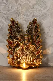 eCraftIndia Golden Radha Krishna Idol Metal Decorative Showpiece with Diya