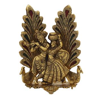 eCraftIndia Golden Radha Krishna Idol Metal Decorative Showpiece with Diya 3