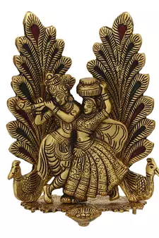 eCraftIndia Golden Radha Krishna Idol Metal Decorative Showpiece with Diya