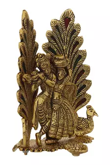 eCraftIndia Golden Radha Krishna Idol Metal Decorative Showpiece with Diya