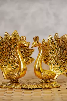 eCraftIndia Loving Golden Swan with Feather Couple 6Inch Decorative Metal Figurine