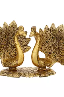 eCraftIndia Loving Golden Swan with Feather Couple 6Inch Decorative Metal Figurine
