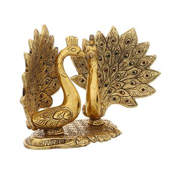 eCraftIndia Loving Golden Swan with Feather Couple 6Inch Decorative Metal Figurine 6