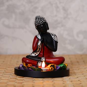 eCraftIndia Antique Finish Handcrafted Thinking Buddha with Wooden Base, Fragranced Petals and Tealight 1