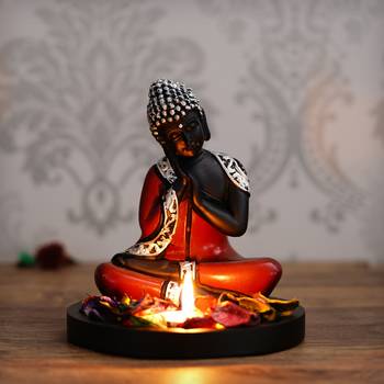 eCraftIndia Antique Finish Handcrafted Thinking Buddha with Wooden Base, Fragranced Petals and Tealight 2