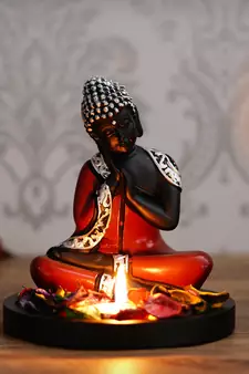 eCraftIndia Antique Finish Handcrafted Thinking Buddha with Wooden Base, Fragranced Petals and Tealight