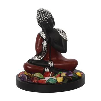 eCraftIndia Antique Finish Handcrafted Thinking Buddha with Wooden Base, Fragranced Petals and Tealight 3