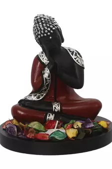 eCraftIndia Antique Finish Handcrafted Thinking Buddha with Wooden Base, Fragranced Petals and Tealight